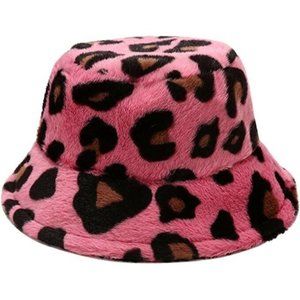 Women Winter Pink Leopard Y2k Hottie Cap Faux Fur Fluffy Plush Fleece Bucket Hat